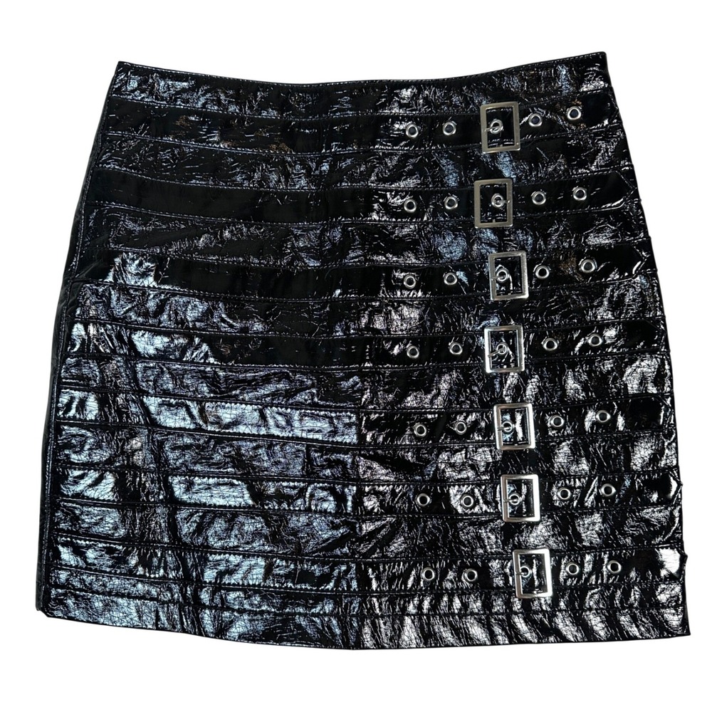 Black Faux Leather Buckle Mini Skirt Patent Vinyl‎ Edgy Punk Small Goth Biker
